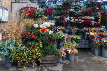 Obraz premium London, UK, December 2, 2025, Beautiful flower stall with a wide assortment of seasonal plants and bouquets on a city street.