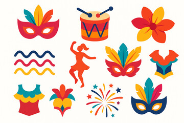 Colombian Carnival Icon Set with Feather Masks, Drums and Festive Costumes