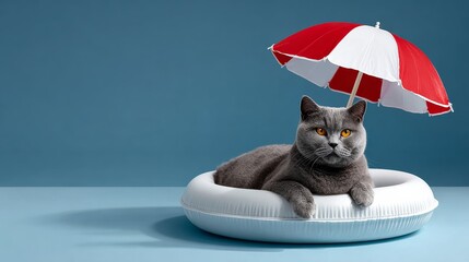 Gray cat lounging on a white float with a red and white umbrella, set against a blue background, creating a playful and relaxed summer vibe for pet lovers and enthusiasts
