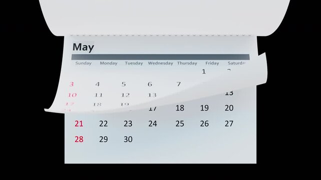 Universal desktop calendar with monthly pages turning rapidly. High-quality front view animation on transparent background for scheduling, planning, and deadline concepts.