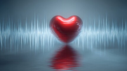 Red heart surrounded by sharp oscillating light waves resembling heartbeats, slightly distorted shape, cool blue gray background, tension