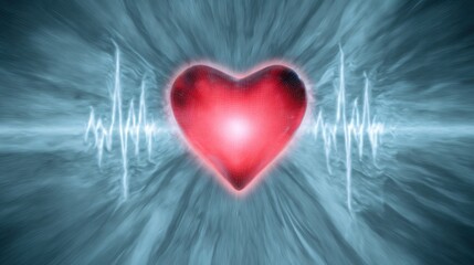 Red heart surrounded by sharp oscillating light waves resembling heartbeats, slightly distorted shape, cool blue gray background, tension