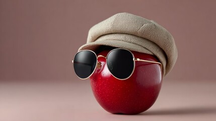 Red apple wearing stylish sunglasses and a beige hat, positioned on a soft pink background, creating a playful and whimsical fruit character with a fashionable flair