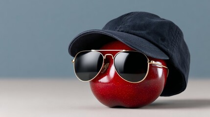 Red apple wearing stylish sunglasses and a navy cap, placed on a smooth surface, showcasing a playful and humorous take on fruit fashion and personality
