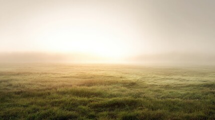 Fototapeta premium Wide empty grassy field covered with light morning mist, no visible paths or objects, soft sunrise light breaking through fog, gentle warm tones