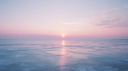Wide frozen lake with perfectly smooth icy surface, faint natural ice patterns, pale pink and blue sunrise sky, cold clear air, minimalistic winter