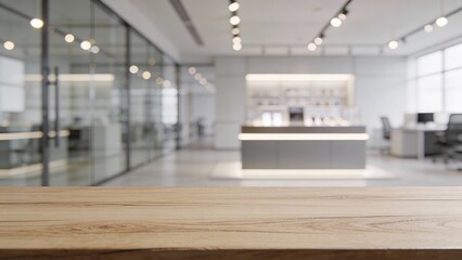 Empty Wooden Table Top with Blurred Modern Office Background for Product Display