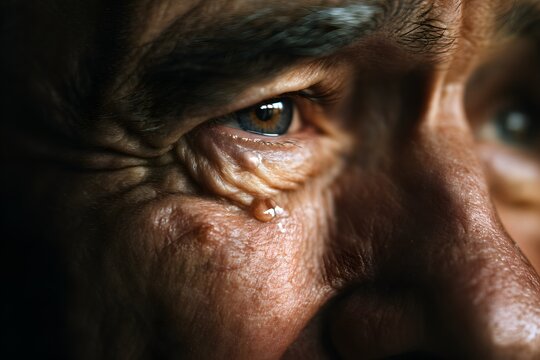 Close up of a man's eye with a tear running down his cheek in dramatic lighting