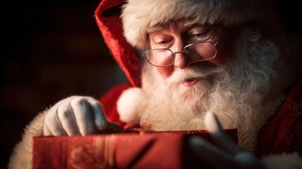 Santa Claus is inside a warm room. He is wearing a red suit and glasses. He smiles as he opens a gift with excitement. Lights and decorations give a festive feel.