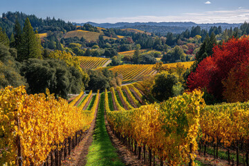 Vibrant autumn vineyard landscape with colorful leaves in California