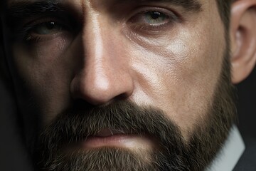 Obraz premium Close up of a man's face with a beard looking at the camera with wet skin