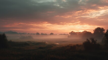 Obraz premium A view of a field at dawn shows mist rising from the ground. Trees line the horizon as the sun lights up the sky with soft colors. Water can be seen in the distance.