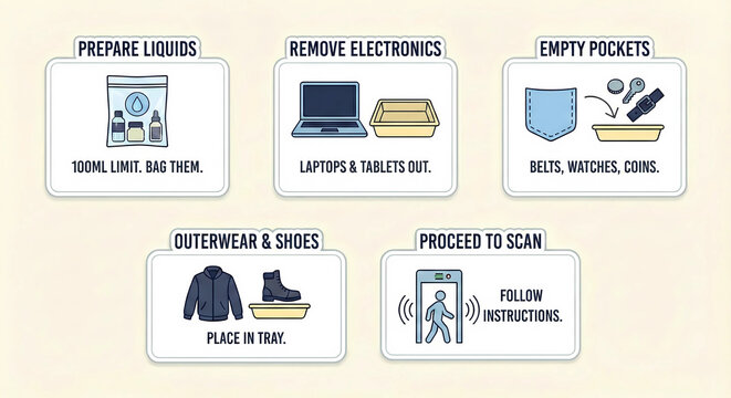 Airport Security Instructions Sticker Set for Liquids, Electronics and Outerwear