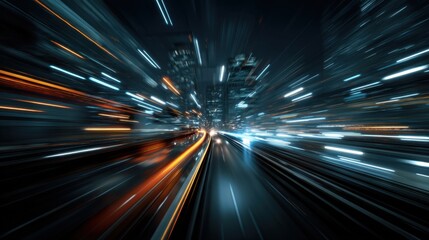 Obraz premium A view of city streets at night shows fast moving lights creating a blur effect. The scene captures the energy of urban life and traffic.