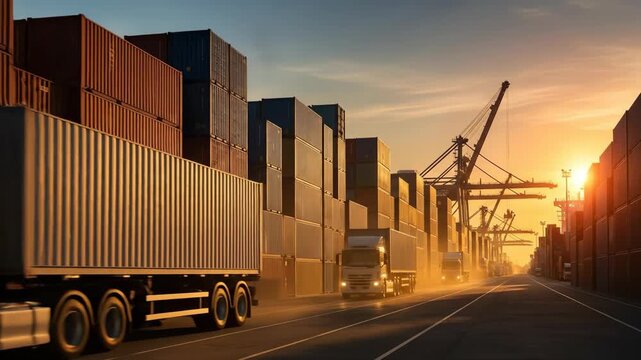 Trucks moving through a container port at sunset, illustrating global freight logistic and supply chain transportation