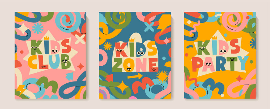Set of flyers for kids zone, party, club. Advertise of place for children events. Fun colorful childish design with hand drawn doodle elements. Kids zone for entertainment. Vector illustration