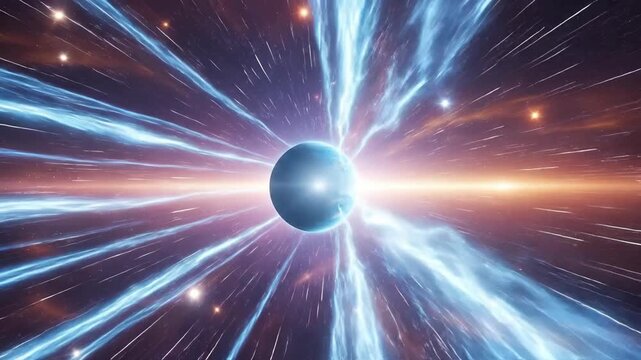 Blue stylized planet moving at hyperspeed through a starfield with light trails, showing cosmic travel and quantum physics.