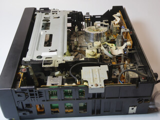 Internal mechanism of vintage video cassette recorder
