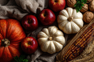 Colorful autumn harvest display with pumpkins and apples on burlap