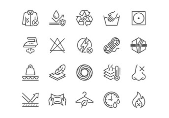 Fabric properties and material technology line icons. Vector symbols for waterproof, breathable, UV protection, thermal, sustainable, and durable textile features. © GOLDMAN