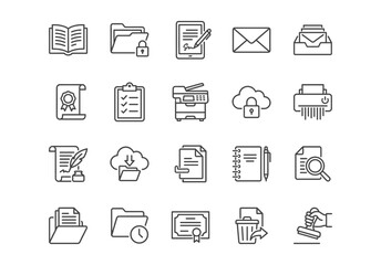 Document and Office line icons set. 20 clean black outline vector symbols representing files, folders, email, printing, cloud storage, security, and office tasks on a white background.