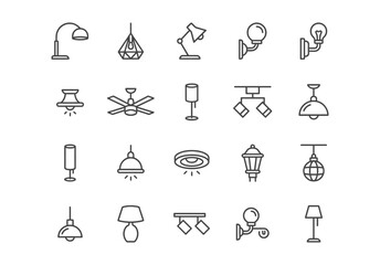 Line art lighting icons set. Vector collection of modern lamps, chandeliers, sconces, and ceiling fixtures. Minimal black outline design elements for interior decor web and app UI.