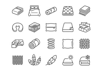 Bedroom and bedding line icon set. Vector illustration collection of beds, pillows, mattresses, blankets, textiles, feathers, and sleep-related symbols in minimalist black outline style.