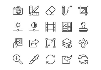 Set of 20 minimalist photo editing line icons. Clean black outline vector symbols for photography software, camera tools, and UI design.