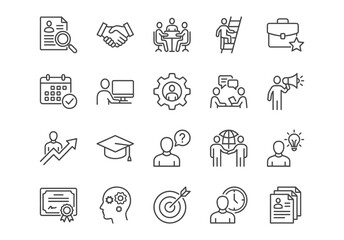 Set of 20 black line icons for career, business, recruitment, and growth. Vector illustration on white background.