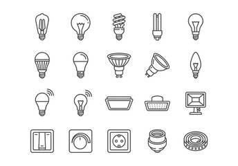 A set of 20 black outline vector icons for electricity and lighting. Includes bulbs, switches, sockets, spotlights, and smart home devices. Simple line art style on a white background.