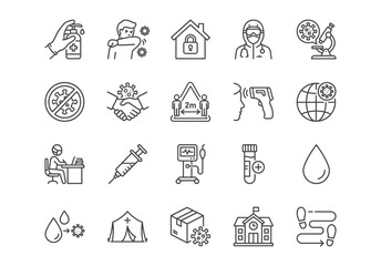 20 pandemic line icons. Vector black outline symbols for health, safety, vaccine, quarantine, social distancing, and medical care.