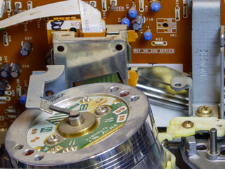 Internal mechanism of vintage video tape recorder drum