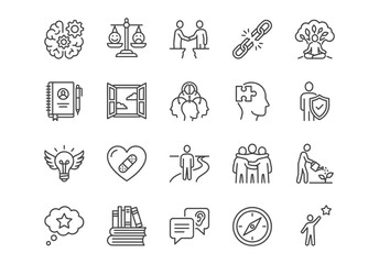 Vector line icon set for psychology, mental health, and personal growth. 20 minimalist black outline symbols representing therapy, healing, support, mindset, and development on white background.