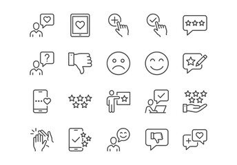 Feedback and ratings line icons. 20 clean black outline vector symbols for customer reviews, support, satisfaction, and user experience. © GOLDMAN