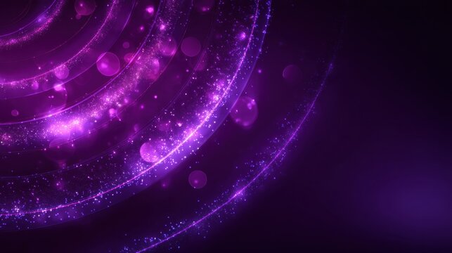 A dark space scene shows swirling purple patterns with bright glowing dots and lines. The design creates a sense of movement and depth resembling stars and galaxies.