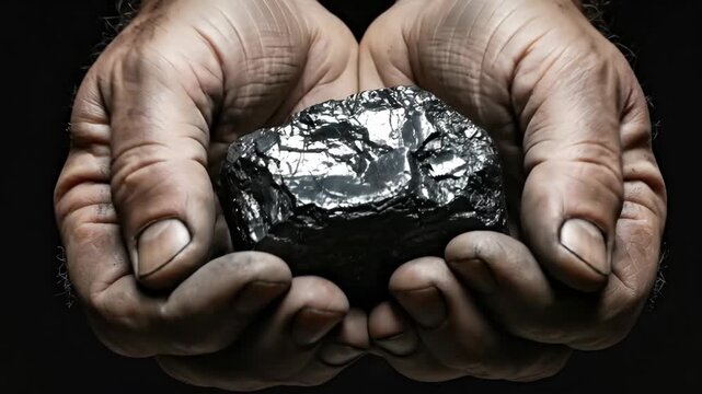 Dirty miner hands of a man holding black coal. Raw energy source and industrial mining concept.