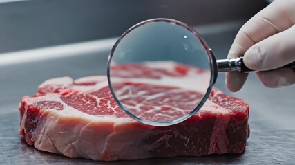 Delve into the fine textures and patterns of premium steak as a chef inspects its marbling with a magnifying glass. This close-up reveals the artistry of meat preparation.