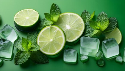 Fresh Lime Paired With Cucumber Mint Leaves And Ice Cubes On A Green Backdrop Components For A Mojito Cocktail