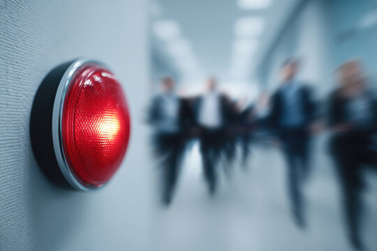 A red button on the wall in an office signals danger with people running in the blurred background. fire alarm