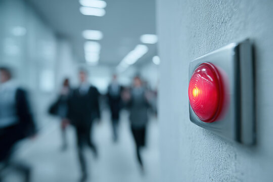 The red fire alarm button signals danger. Evacuation of employees from the office in the background