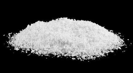 Snow heap, snowdrifts isolated on black background, snowy texture. Frosty weather at Christmas night.