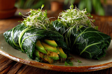 Healthy collard green wraps filled with fresh ingredients on a wooden table