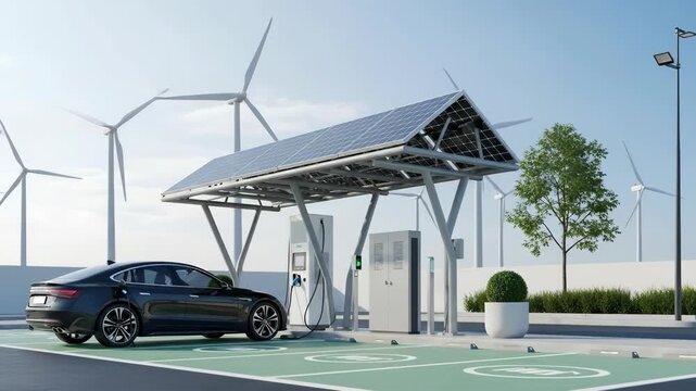 Electric car charging with renewable energy from solar panels and wind turbines, a concept for sustainable transportation