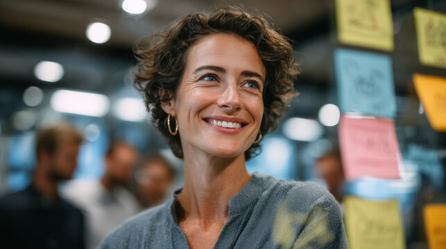 Startup founder brainstorming ideas on a whiteboard filled with colorful sticky notes and diagrams, casual modern workspace, diverse team collaborating, sunlight reflecting on glas
