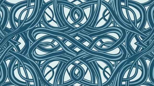 Intricate blue tangled loops forming an abstract cable pattern against a rich textured background.