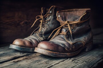 Close up of well worn brown leather boots on rustic wood background