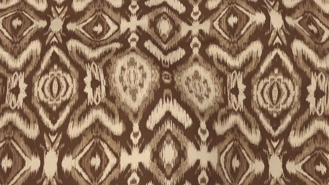 Intricate brown and beige geometric textile pattern with diamond motifs and tribal-inspired repetition.