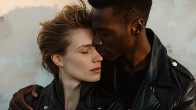 Video A couple wearing matching black leather jackets, standing together