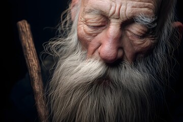 Contemplative elder man with closed eyes and silver beard holding a cane