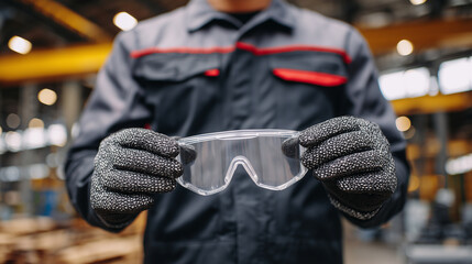 Close-up of hands holding protective goggles, textured surface of gloves and helmet visible, industrial factory environment softly blurred in background, workplace safety, industri